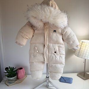 Cream Hooded Baby Snowsuit with Faux Fur Trim